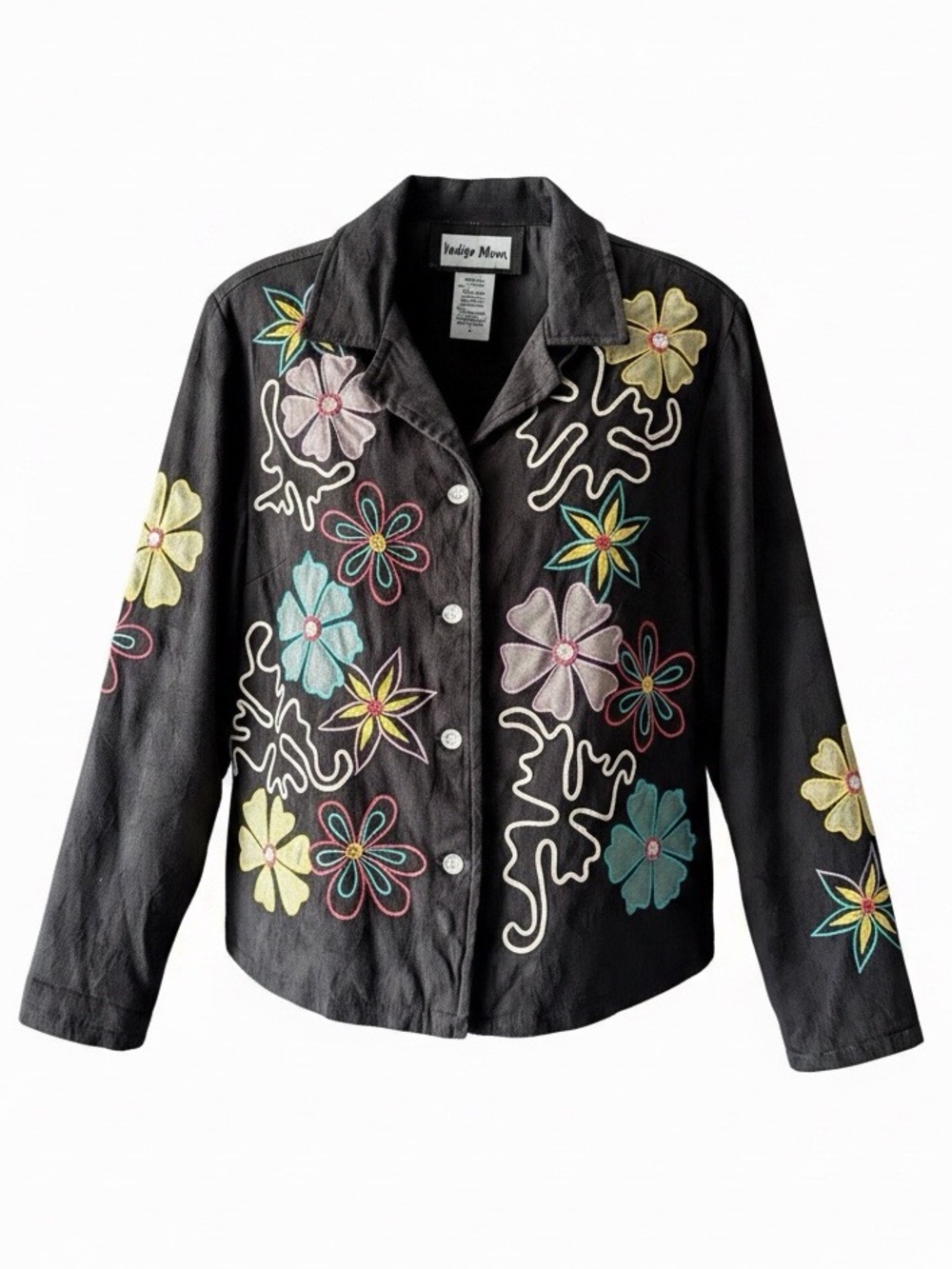 Indigo Moon Embroidered Floral Jacket Black Cotton Blend Size Large